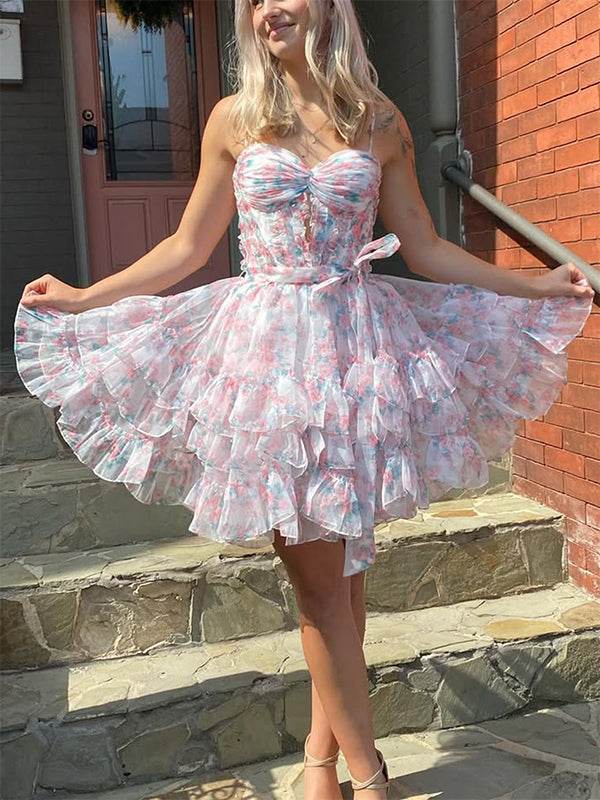 Pink Chiffon Printing Ruffle Mini Ball Gown Homecoming Dress With Bow