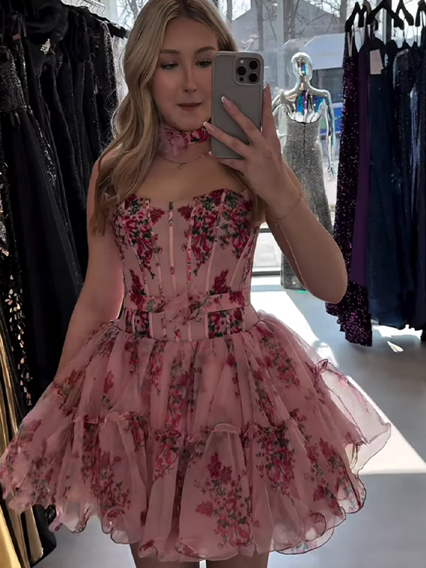 Pink Corset Strapless A Line Short Homecoming Dress with Ruffles