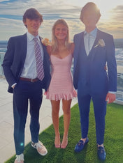 Pink Cute Sheath Satin Short Homecoming Dress with Ruffles