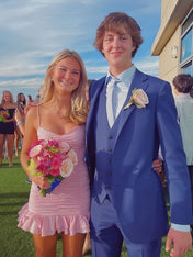 Pink Cute Sheath Satin Short Homecoming Dress with Ruffles