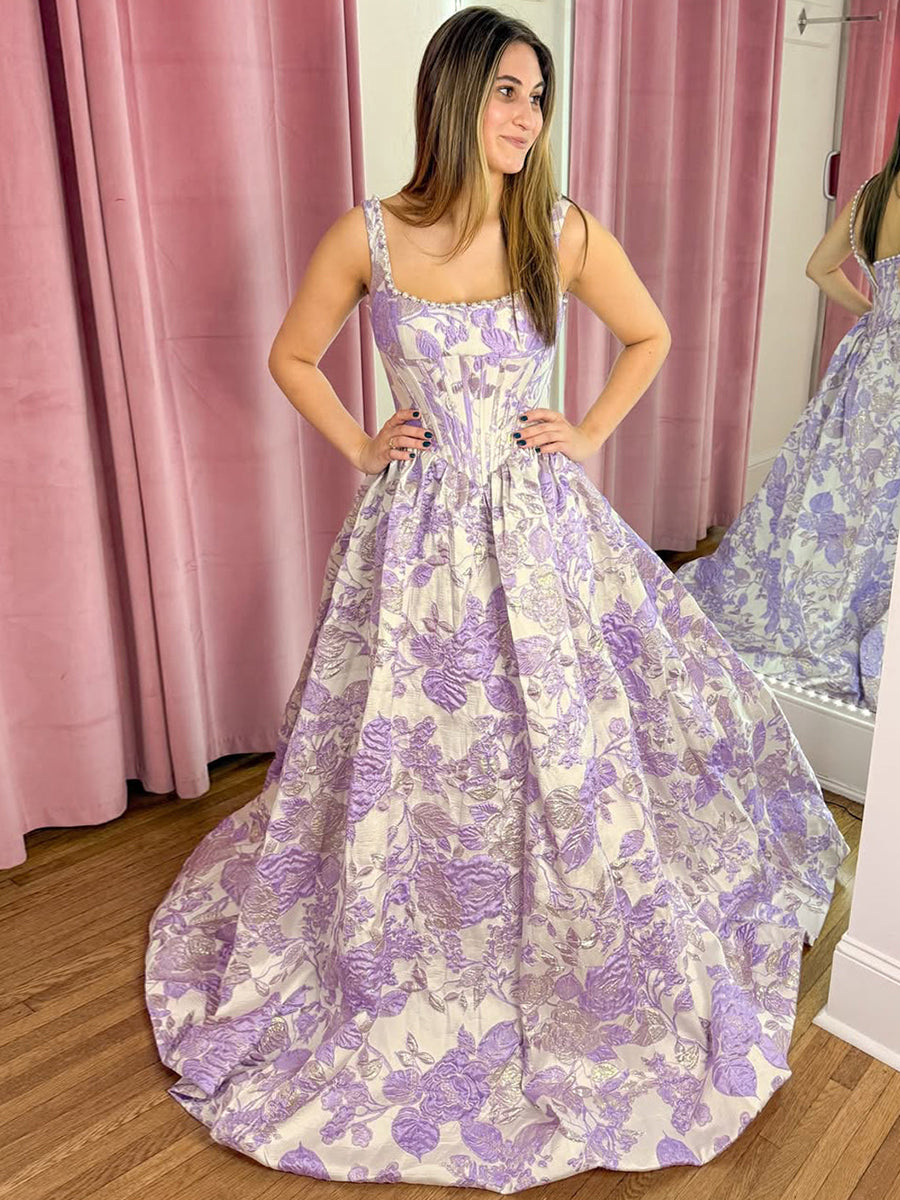 Pink Floral Brocade Pearl Long Corset Prom Dress