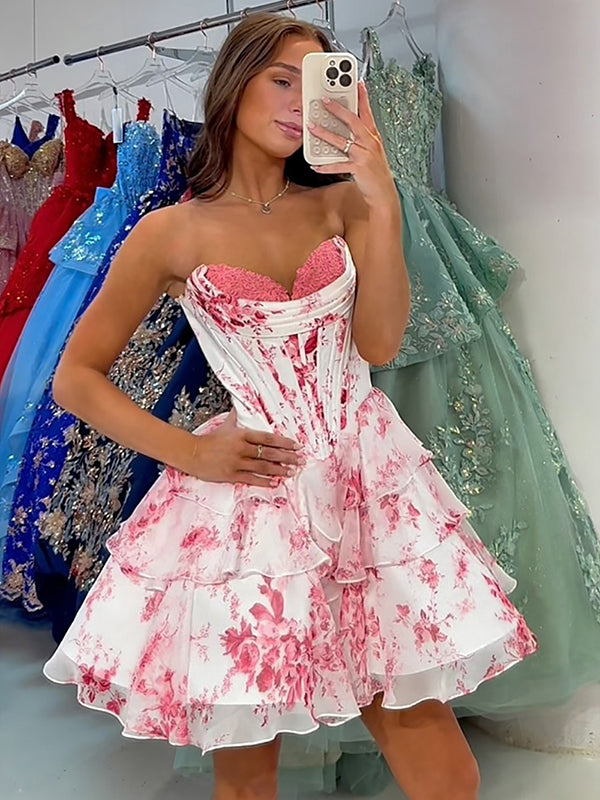 Pink Floral Corset Chiffon Sweetheart Short Homecoming Dress
