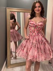 Pink Floral  Corset Spaghetti Straps Short Tulle Homecoming Dress