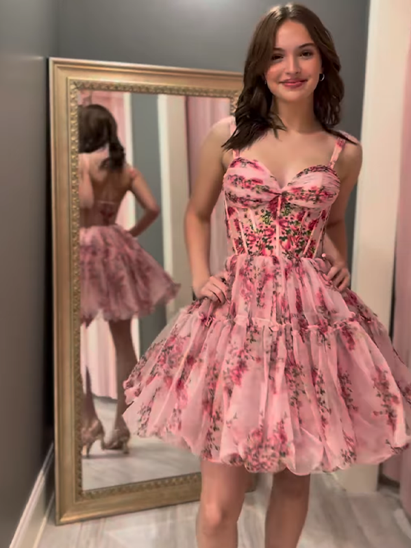 Pink Floral  Corset Spaghetti Straps Short Tulle Homecoming Dress