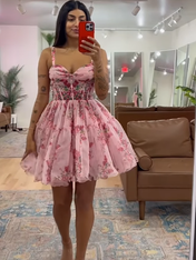 Pink Floral  Corset Spaghetti Straps Short Tulle Homecoming Dress