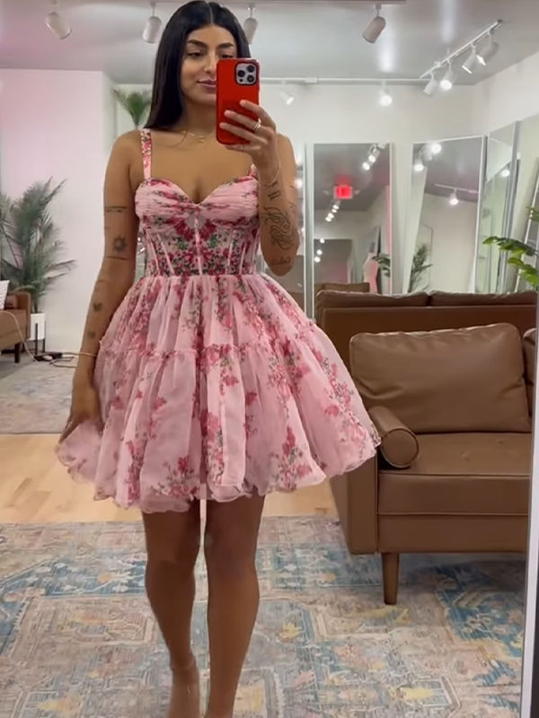 Pink Floral  Corset Spaghetti Straps Short Tulle Homecoming Dress