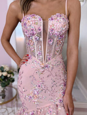 Pink Floral Embroidered Ruffled Tiered Corset Prom Dress with Slit
