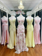 Pink Floral Embroidered Corset Prom Dress with Ruffled Tiers
