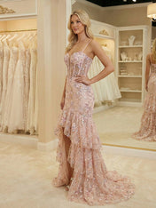 Pink Floral Embroidered Ruffled Tiered Corset Prom Dress with Slit