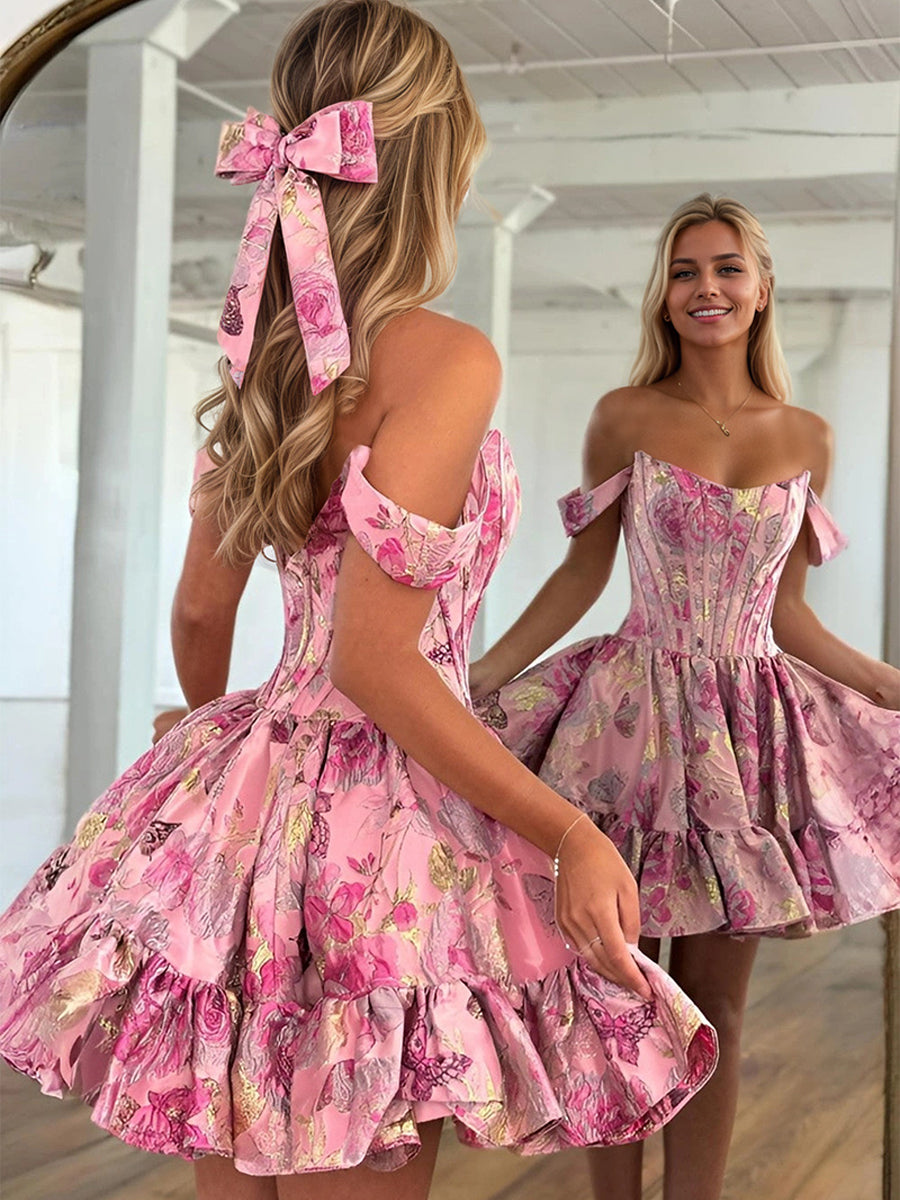 Pink Floral Off Shoulder Brocade Homecoming Dress with Ruffled