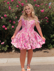 Floral Off Shoulder Brocade Homecoming Dress with Ruffled