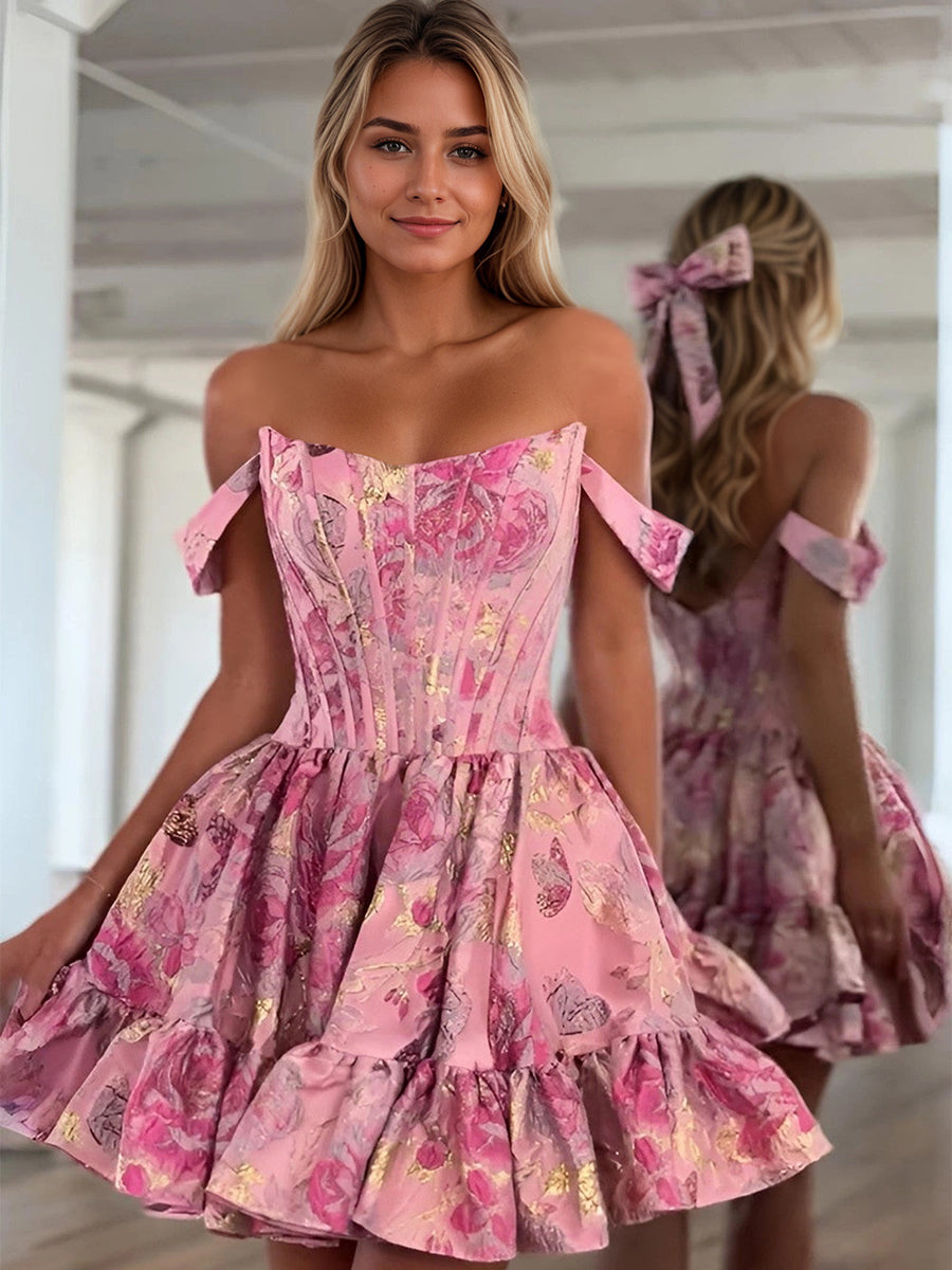 Pink Floral Off Shoulder Brocade Homecoming Dress with Ruffled