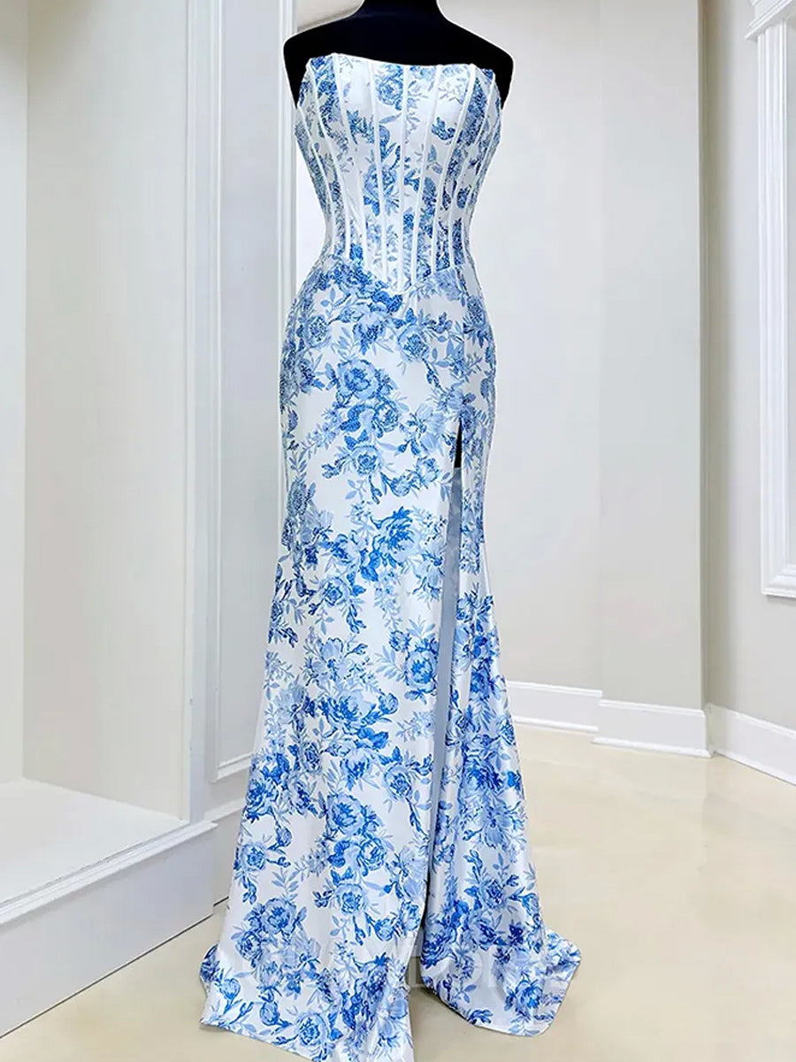Pink Floral Print Corset Bodice Satin Strapless Prom Dress with Slit
