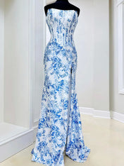 Pink Floral Print Corset Bodice Satin Strapless Prom Dress with Slit