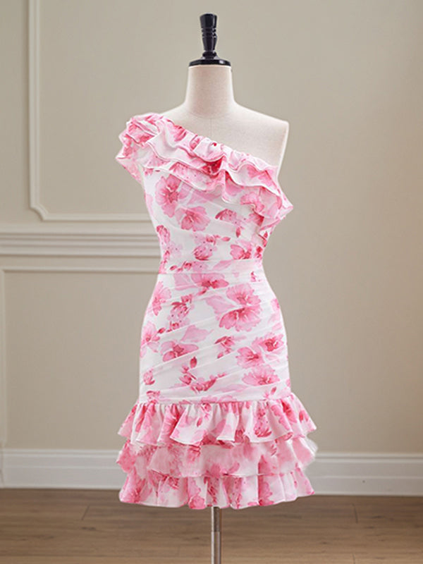 Pink Floral Print One Shoulder Short Tight Ruffle Homecoming Dress