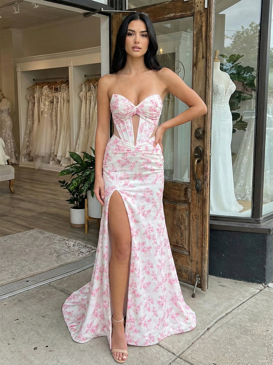 Dreamylily Prom Dress Pink Floral Print Satin Strapless Corset Evening Gown with High Slit