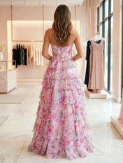 Pink Floral Strapless Corset Tiered Ruffle Prom Dress