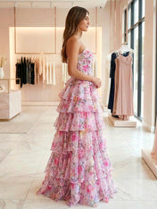 Pink Floral Strapless Corset Tiered Ruffle Prom Dress