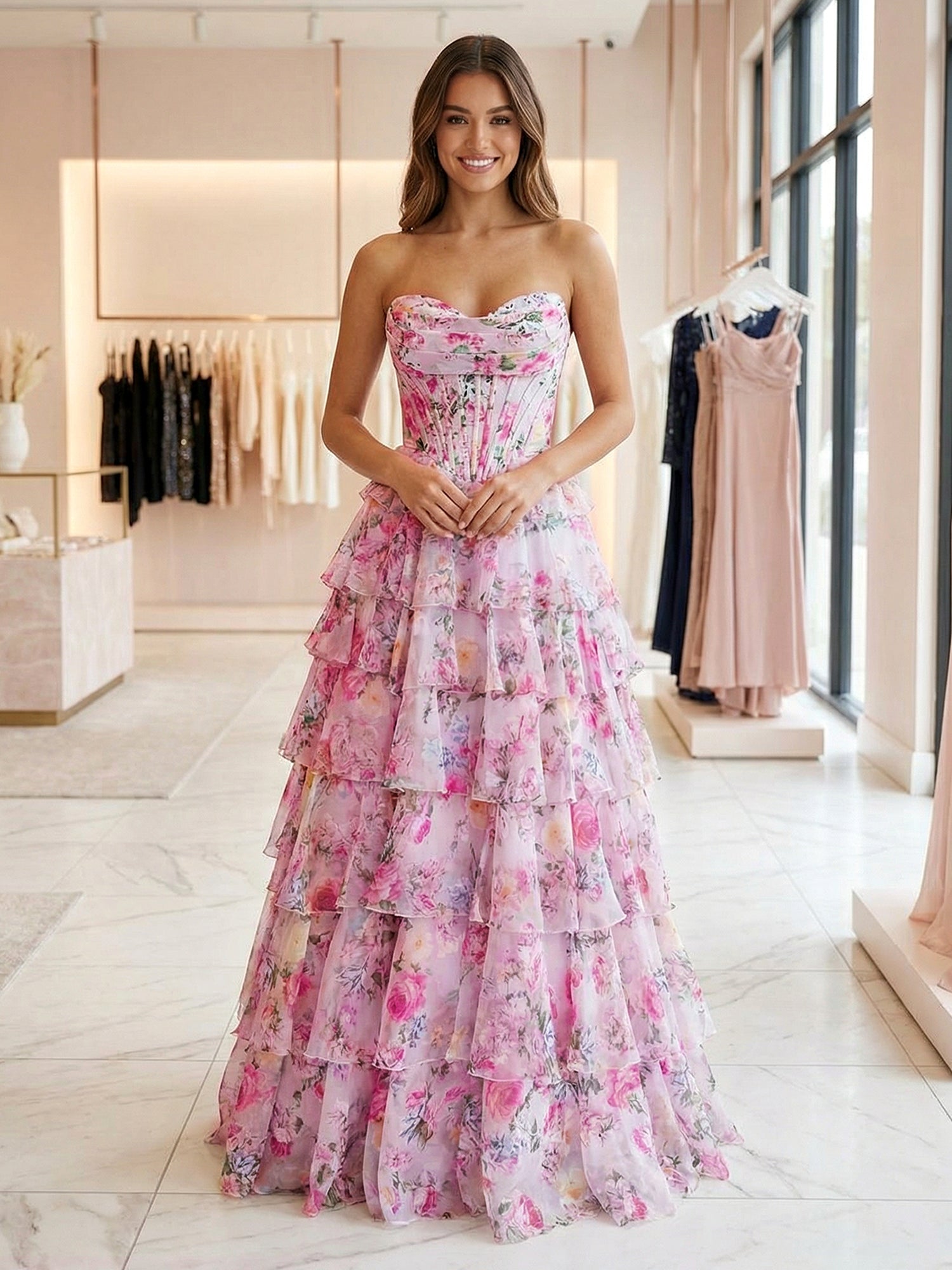 Pink Floral Strapless Corset Tiered Ruffle Prom Dress