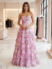 Pink Floral Strapless Corset Tiered Ruffle Prom Dress