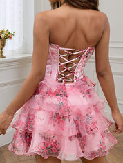 Pink Flower A-Line Strapless Tiered Tulle Sweetheart Homecoming Dress