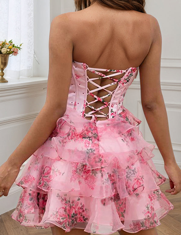 Pink Flower A-Line Strapless Tiered Tulle Sweetheart Homecoming Dress