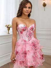 Pink Flower A-Line Strapless Tiered Tulle Sweetheart Homecoming Dress