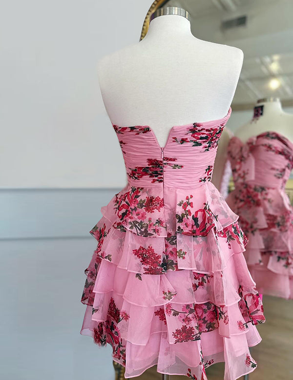 Pink Flower A-Line Tiered Tulle Sweetheart Homecoming Dress