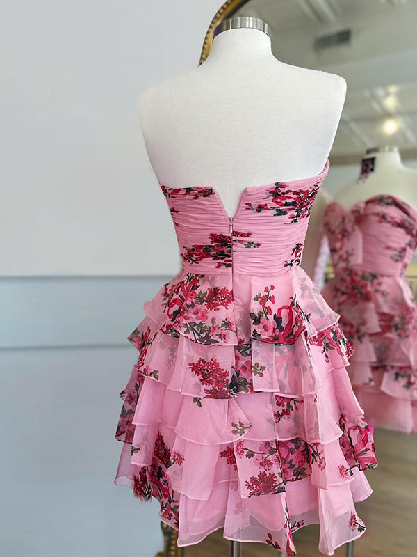 Pink Flower A-Line Tiered Tulle Sweetheart Homecoming Dress