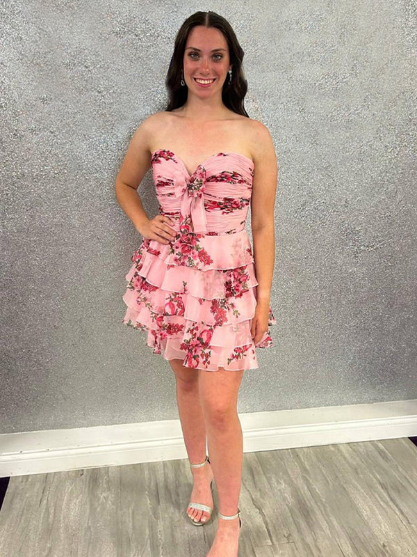 Pink Flower A-Line Tiered Tulle Sweetheart Homecoming Dress