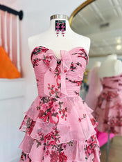 Pink Flower A-Line Tiered Tulle Sweetheart Homecoming Dress