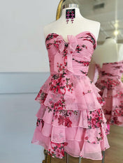 Pink Flower A-Line Tiered Tulle Sweetheart Homecoming Dress