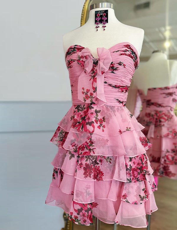 Pink Flower A-Line Tiered Tulle Sweetheart Homecoming Dress