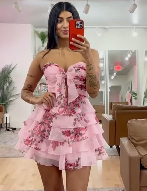 Pink Flower A-Line Tiered Tulle Sweetheart Homecoming Dress