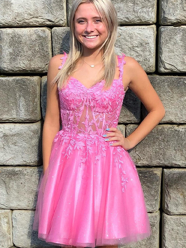 Pink Flower Straps A-line Appliques Tulle Short Homecoming Dress