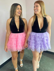 Pink Halter Bow Back Ruffle Tiered Short Homecoming Dress