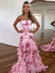 Pink Mermaid Flower Strapless Corset Tiered Tulle Long Prom Dress