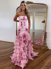 Pink Mermaid Flower Strapless Corset Tiered Tulle Long Prom Dress