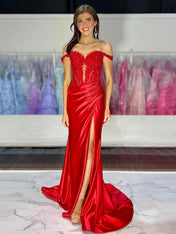 Pink Mermaid Off-Shoulder Sweetheart Appliques Pleated Prom Dress with Slit