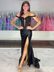Pink Mermaid Off-Shoulder Sweetheart Appliques Pleated Prom Dress with Slit