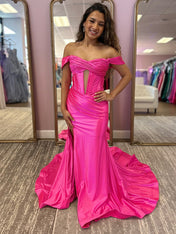 Red Mermaid Off the Shoulder Corset Long Prom Dress with Slit