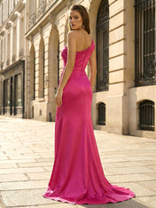 Fuchsia One-Shoulder Satin Prom Gown with Ruched Slit Skirt