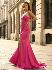 Fuchsia One-Shoulder Satin Prom Gown with Ruched Slit Skirt