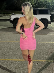 Pink One Shoulder Ruched Tight Short Homecoming Dress