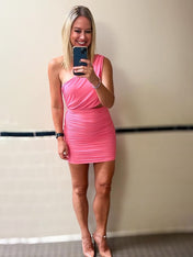 Pink One Shoulder Ruched Tight Short Homecoming Dress