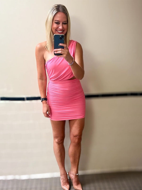 Pink One Shoulder Ruched Tight Short Homecoming Dress
