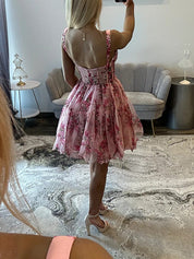 Pink Printing Chiffon Boned Sweetheart Mini Ball Gown Homecoming Dress