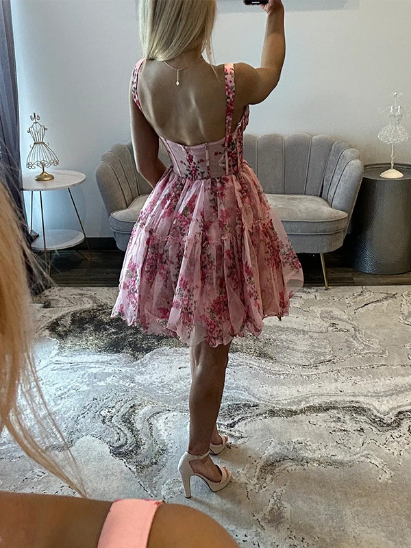 Pink Printing Chiffon Boned Sweetheart Mini Ball Gown Homecoming Dress