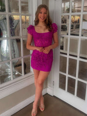 Pink Puff Sleeves Lace Appliques Short Homecoming Dress