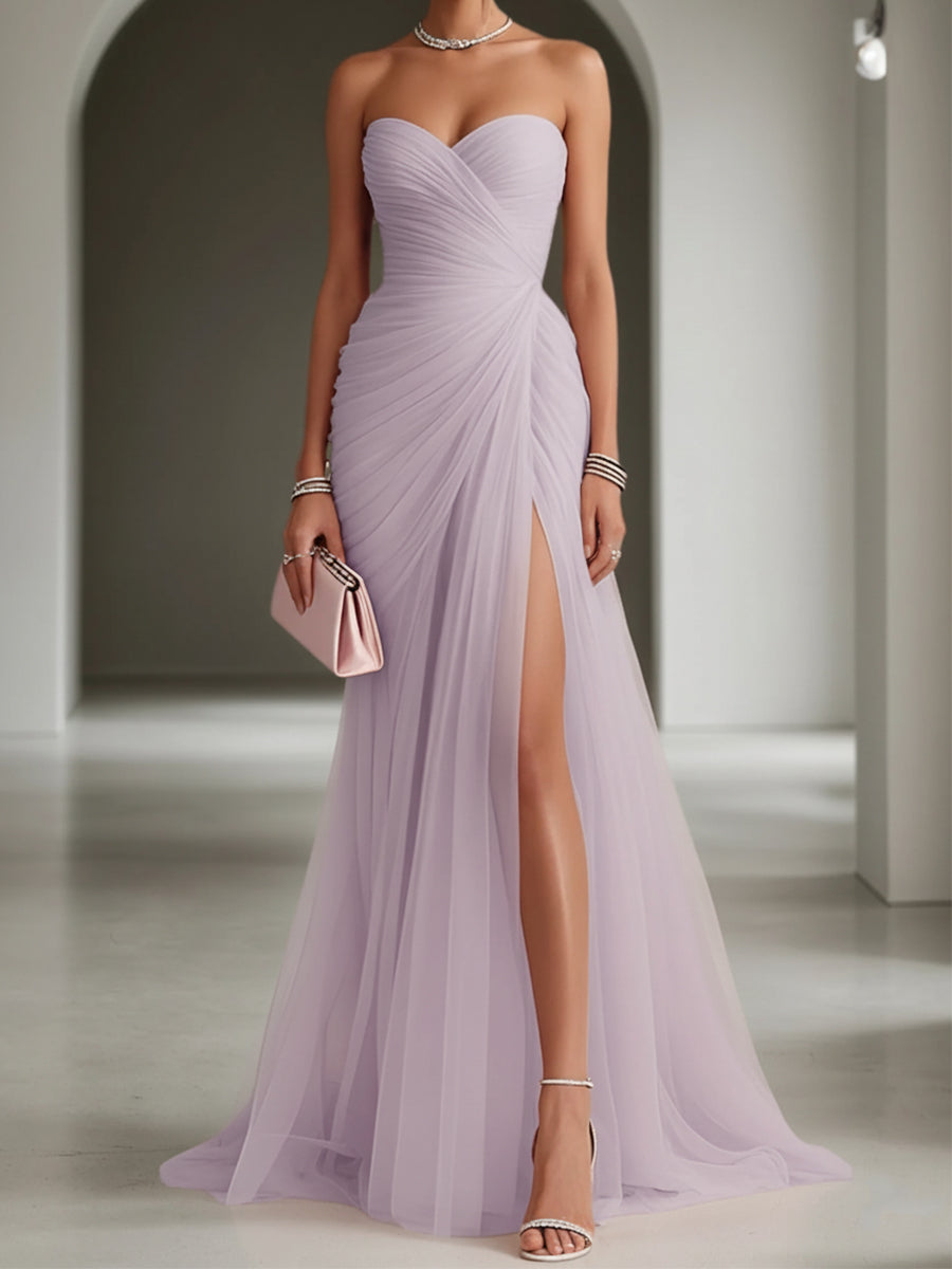 Pink Ruched Slit Tulle Strapless Sleeveless Sheath Gown Dress